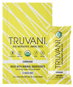 Truvani Lemon Bar 12-pack front view, convenient on-the-go snack with plant-based protein.