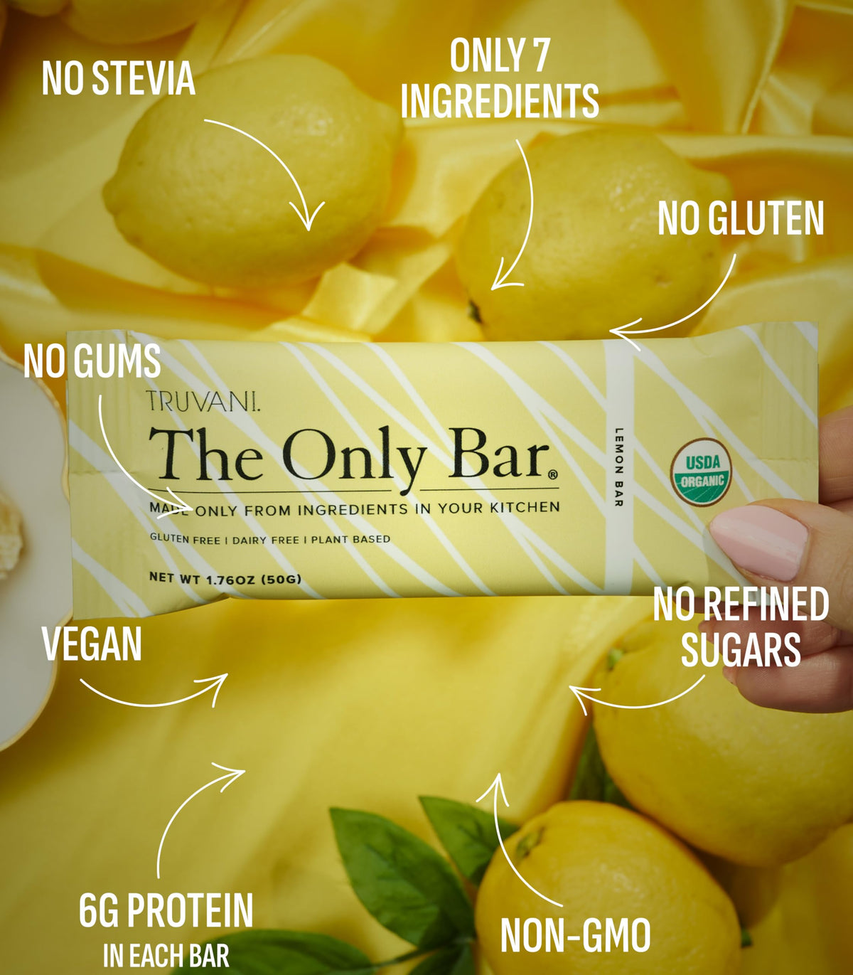 Truvani Lemon Bar 12-pack packaging closeup shows USDA Organic and vegan credentials.