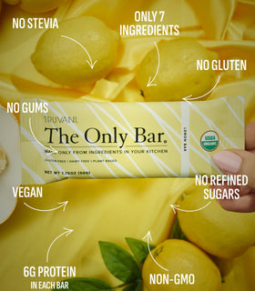 Truvani Lemon Bar 12-pack packaging closeup shows USDA Organic and vegan credentials.