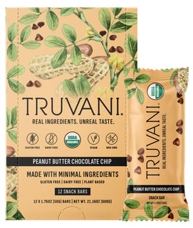 Truvani peanut butter chocolate chip bar packaging highlights organic ingredients for on-the-go nutrition.