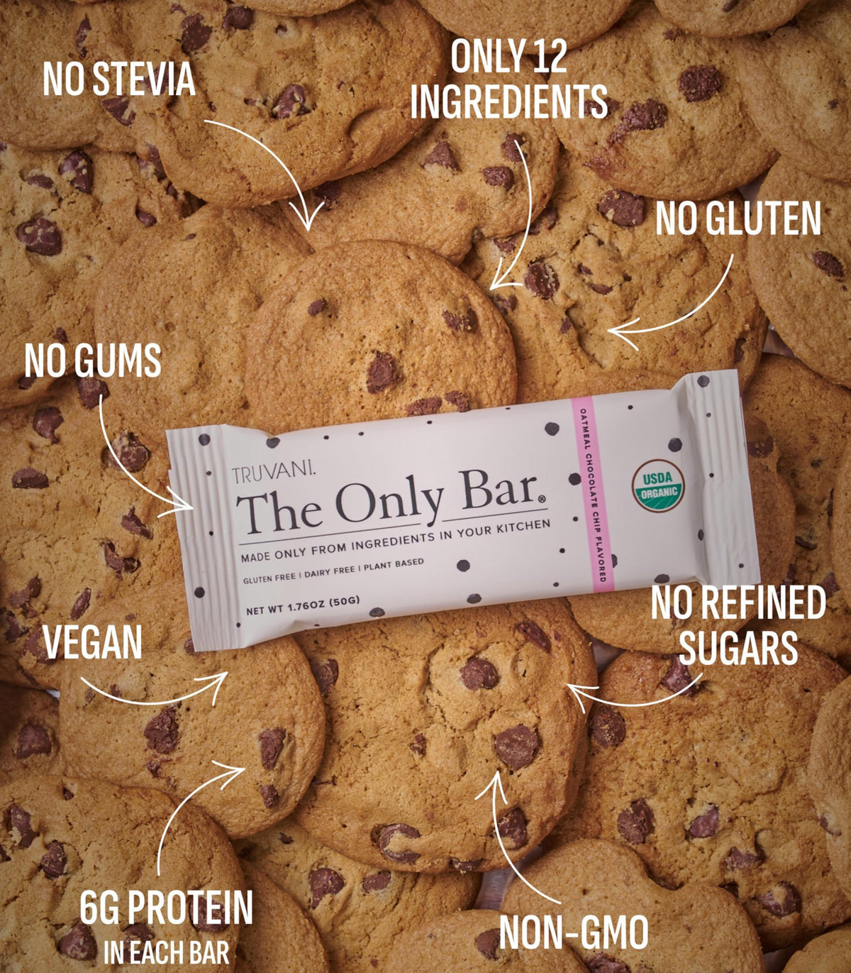 Truvani oatmeal chocolate chip bar close-up showing wholesome ingredients and protein