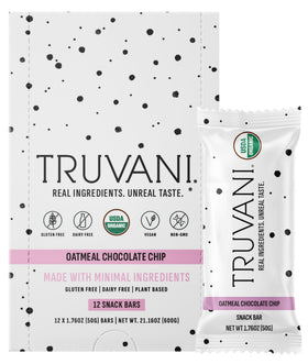 Truvani snack bars oatmeal chocolate chip pack front, dairy-free and vegan option for on-the-go energy