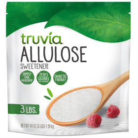 Truvia Allulose bag label shows zero calories per serving for sugar reduction.