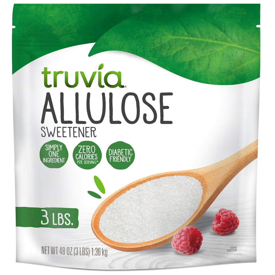 Truvia Allulose bag label shows zero calories per serving for sugar reduction.