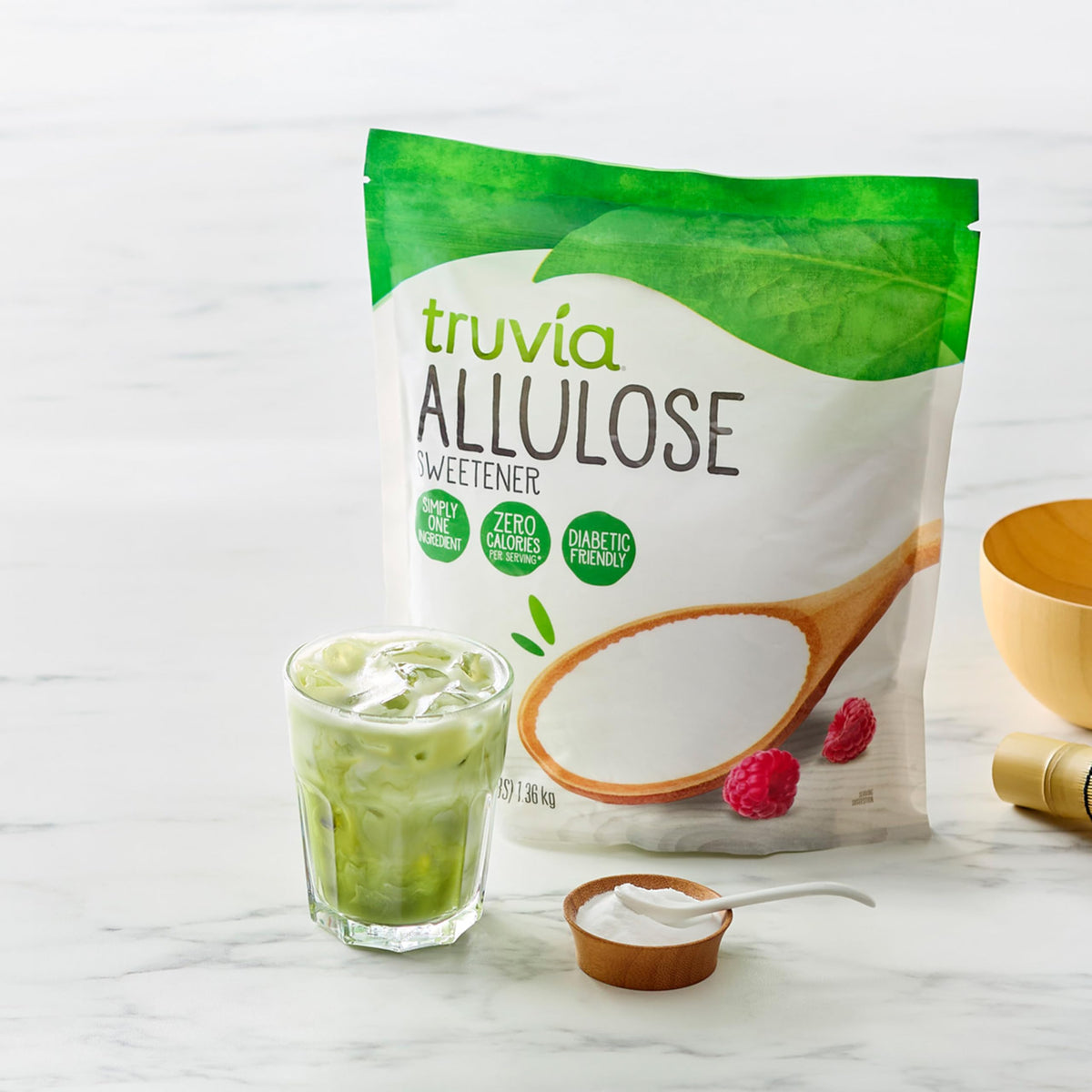 Truvia Allulose bottle pours smoothly, a calorie-free sweetness for beverages.