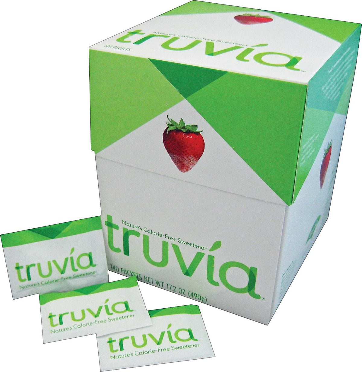 Truvia natural sweetener packets close-up, gluten-free option for everyday desserts and yogurt