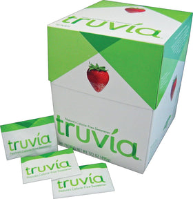 Truvia natural sweetener packets close-up, gluten-free option for everyday desserts and yogurt