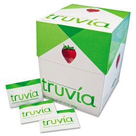 Truvia natural sweetener 140 packets front view, zero-calorie sweetness for coffee and tea