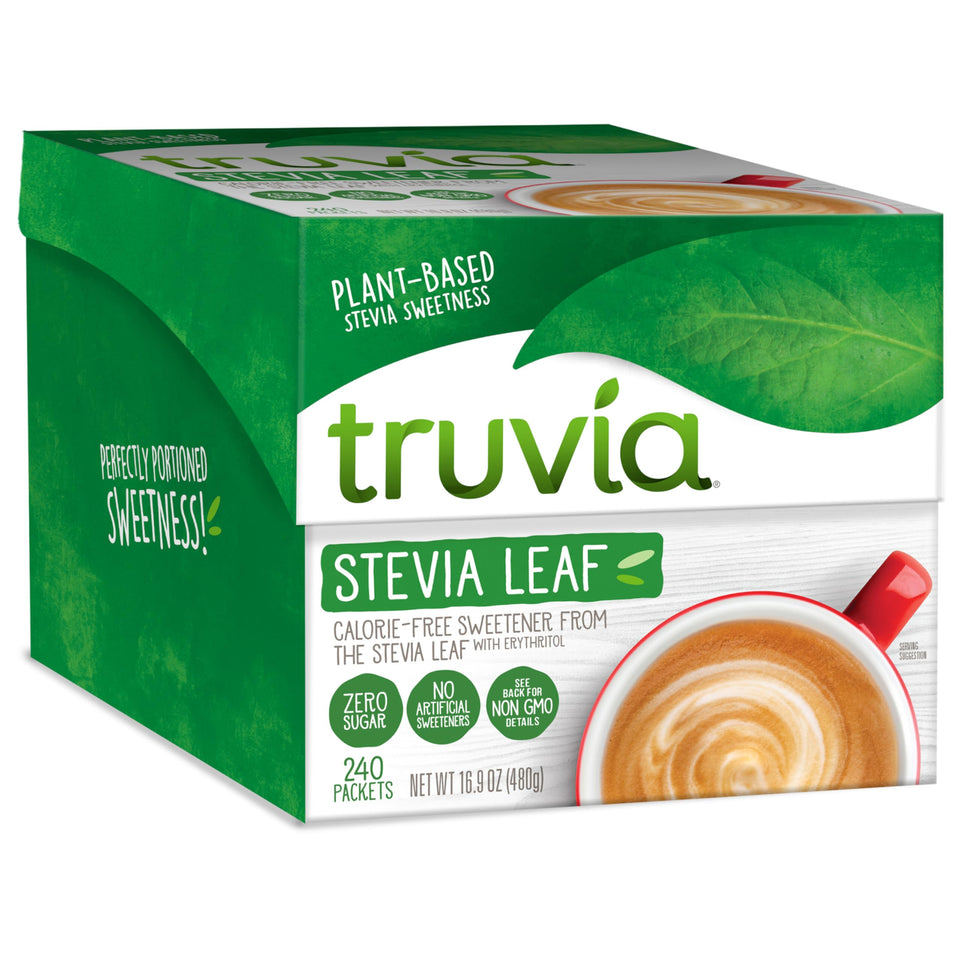 Truvia Original calorie-free stevia packets beside coffee for sugar-free sweetness