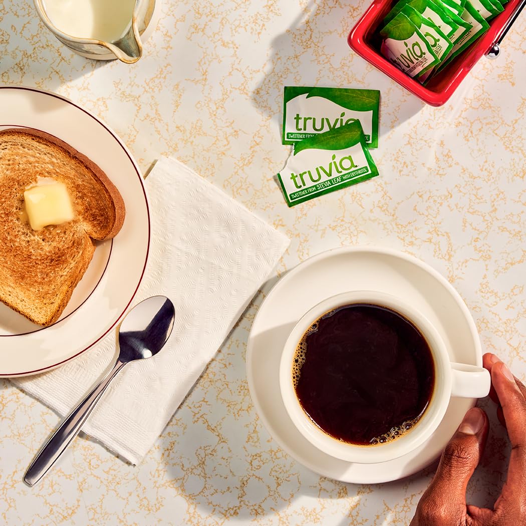 Truvia packets close-up highlighting stevia-based natural sweetness.