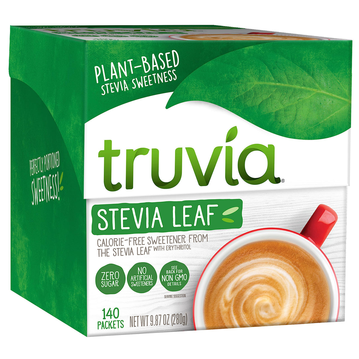 Truvia packets in carton packaging for calorie-free sweetness in beverages.