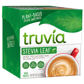 Truvia packets in carton packaging for calorie-free sweetness in beverages.