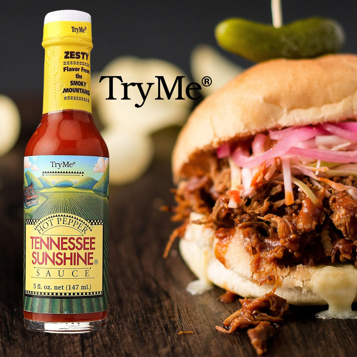 Try Me Tennessee Sunshine hot pepper sauce bottle top view with glossy finish.