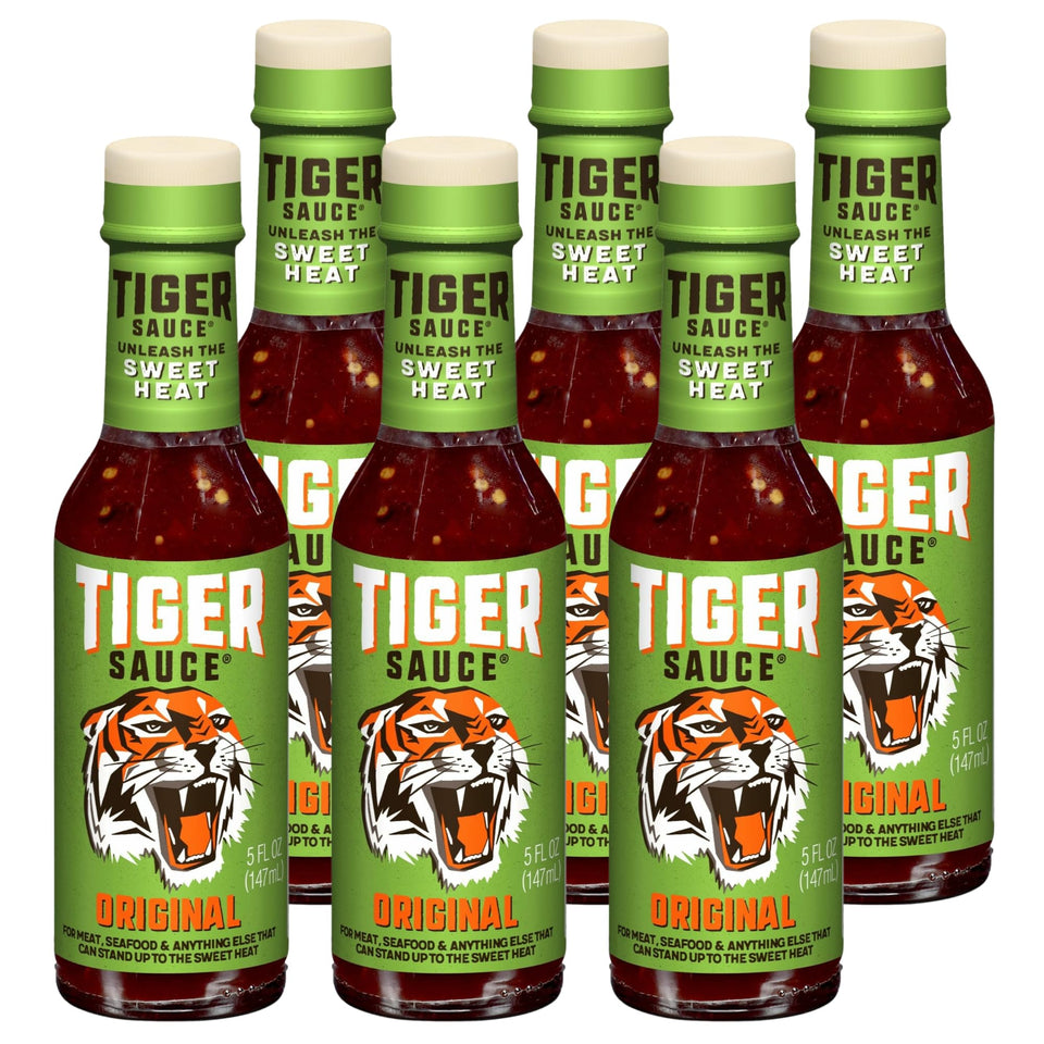 Try Me Tiger Sauce Original bottle 5oz enhances meats with balanced sweet-spicy flavor.