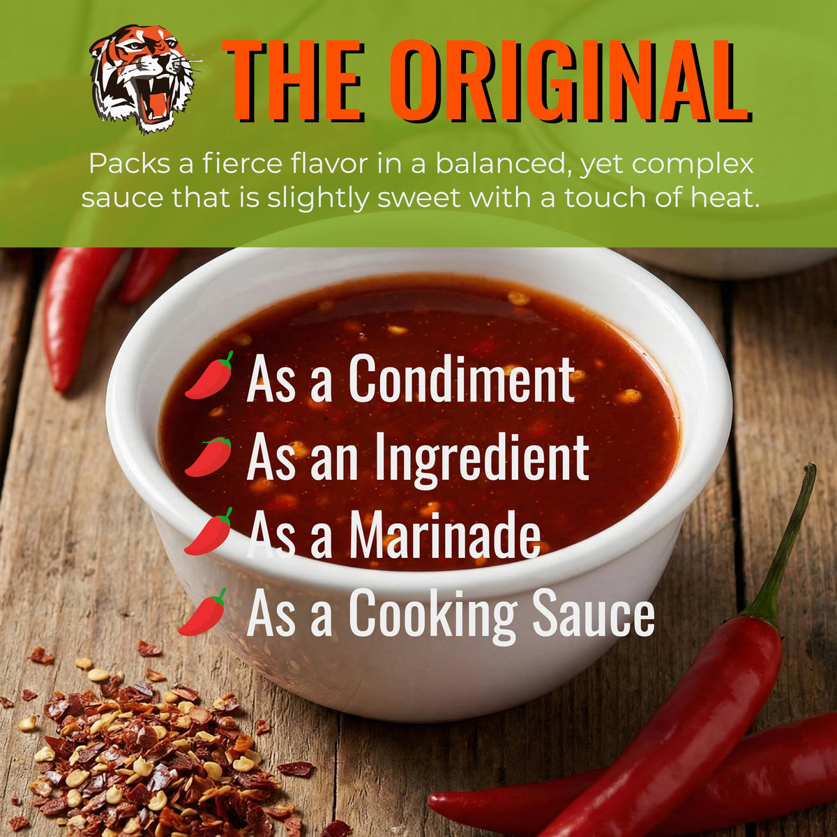Try Me Tiger Sauce Original closeup highlights cayenne and sweetness ideal for sandwiches.