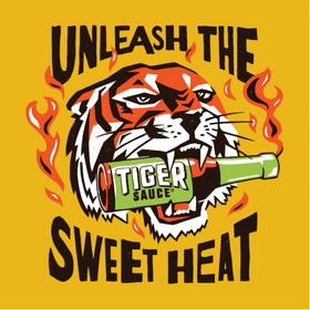 Try Me Tiger Sauce Original label closeup shows vibrant color and inviting heat.