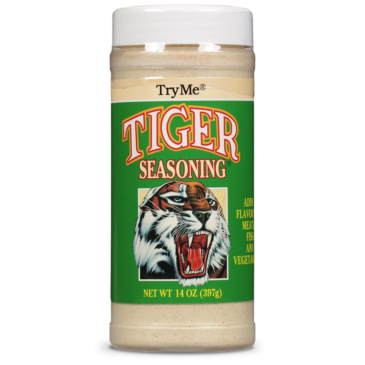Try Me Tiger Seasoning bottle front highlights versatile flavor for meats and vegetables.