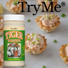 Try Me Tiger Seasoning jar closeup shows bold mildly spicy Cajun profile.