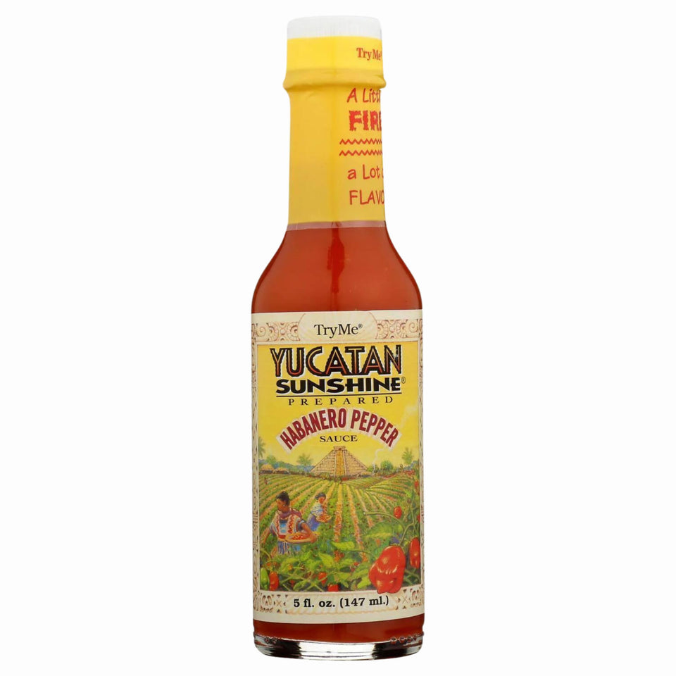 Try Me Yucatan Sunshine Habanero bottle – bold heat ready to pour onto dishes.