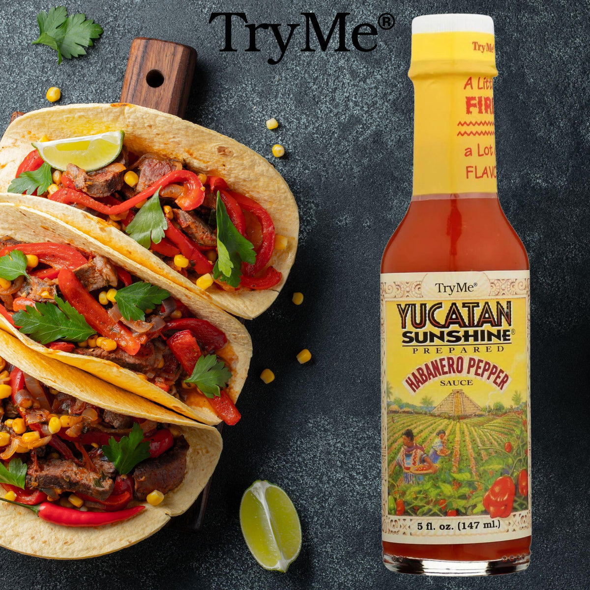 Try Me Yucatan Sunshine Habanero closeup – vivid sauce texture hints at fiery flavor.