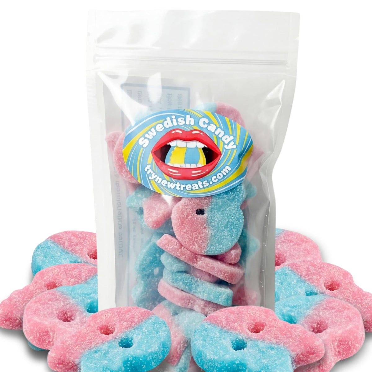 Try New Treats BUBS Bubblegum Skulls bag—resealable, fresh vegan foam candy for snacking.