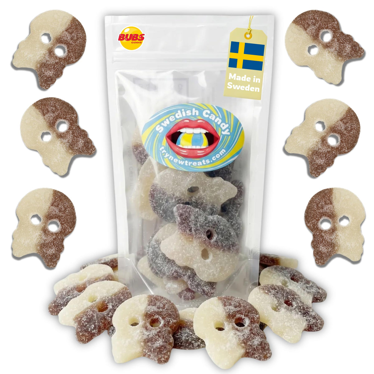 Try New Treats Bubs Cola Skulls in a resealable bag for fresh, convenient snacking.