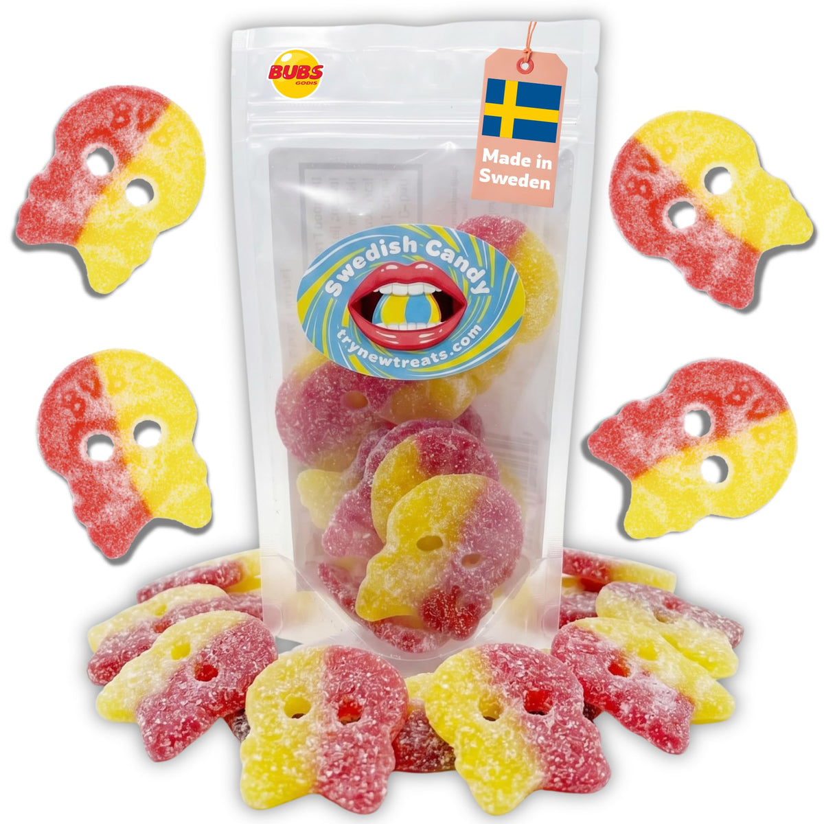 Try New Treats Bubs Lemon Raspberry Skulls foam texture candy with tangy flavor for vegan snacking.