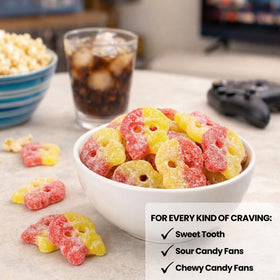 Try New Treats Bubs Lemon Raspberry Skulls bold citrus-raspberry flavor in a soft foam.