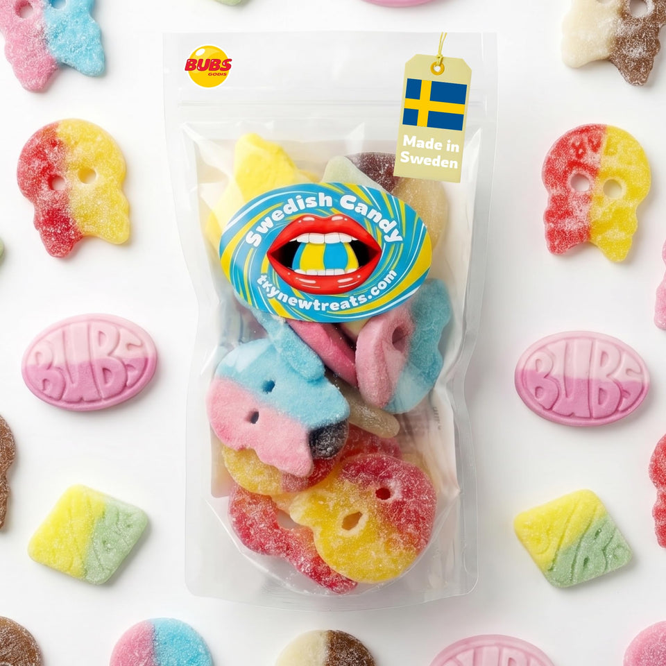 Try New Treats BUBS Swedish candy foam skulls in cola flavor for a playful bite.