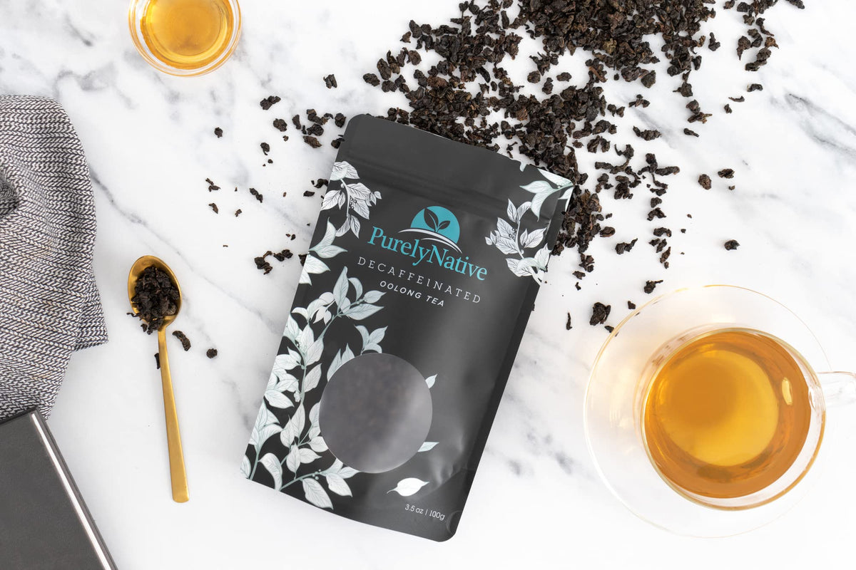 TRYVERA decaffeinated oolong tea cup steep, rich aroma without caffeine