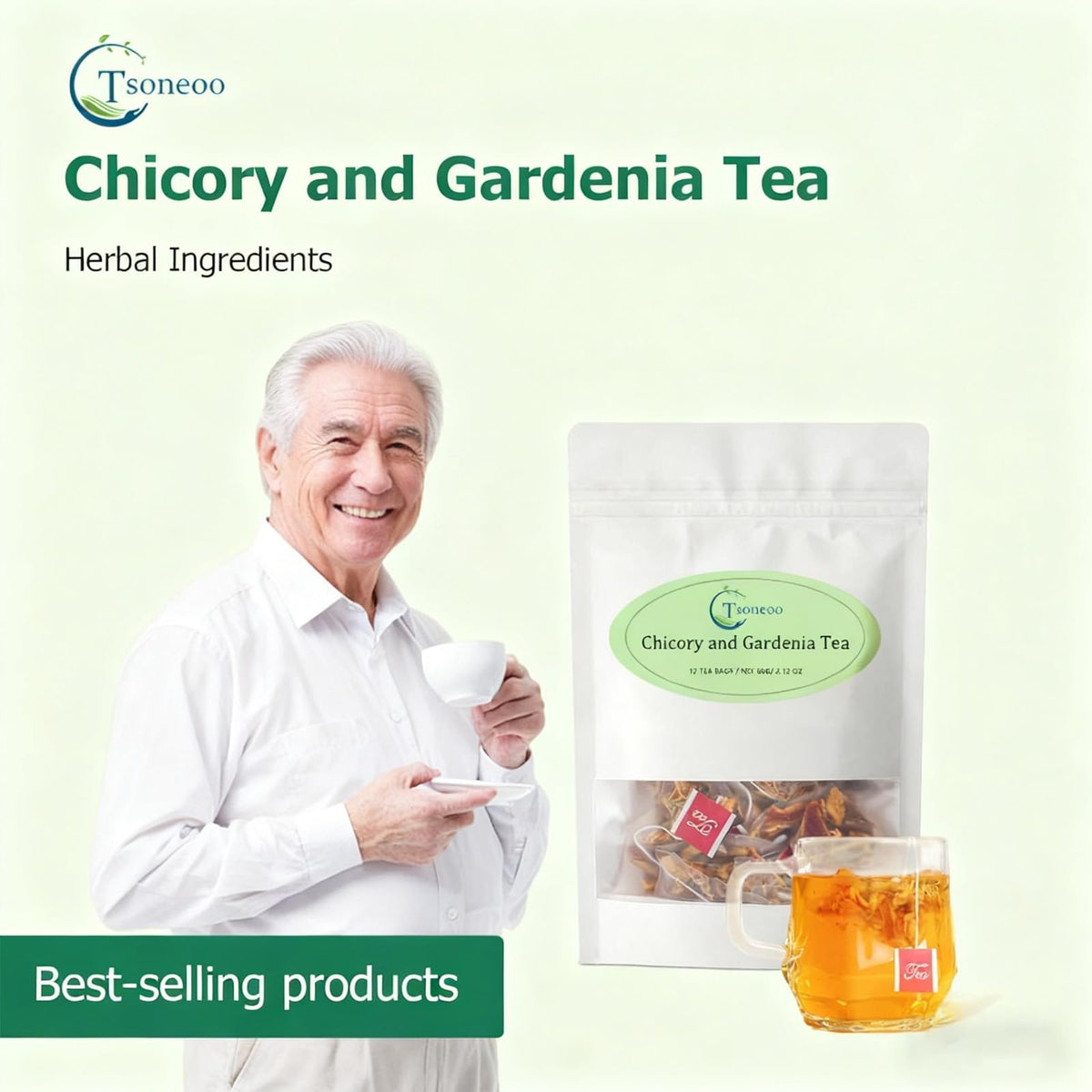Closeup of Tsoneoo tea bag showing natural ingredients for gentle comfort