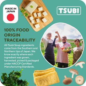 Label showing gluten-free and plant-based miso soup by Tsubi Soup.
