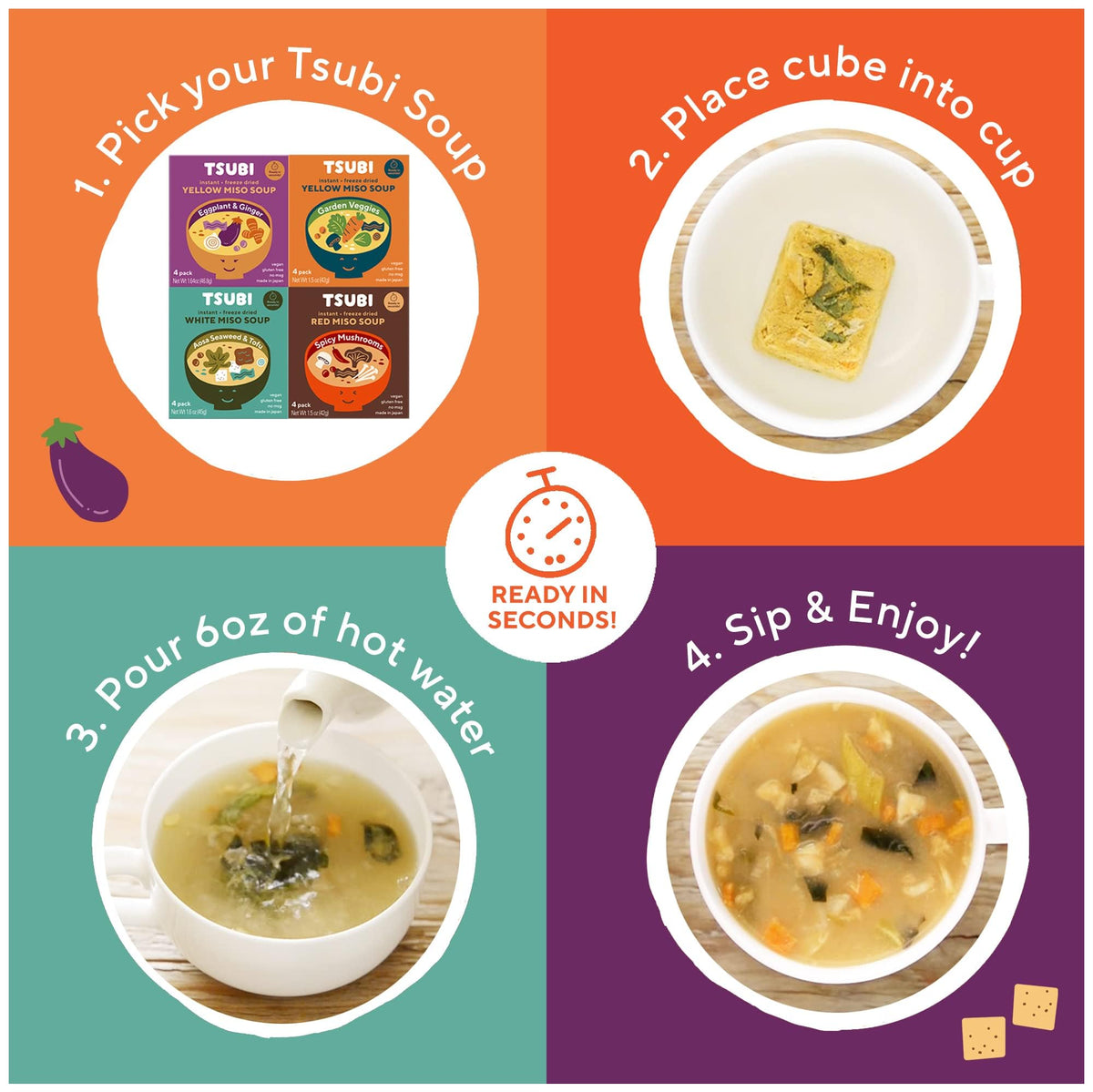 Tsubi Soup open packet with miso soup cubes beside a cup of tea