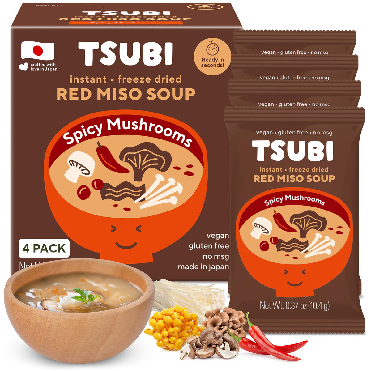 Tsubi Soup red miso spicy mushroom pack, ready for quick vegan miso.