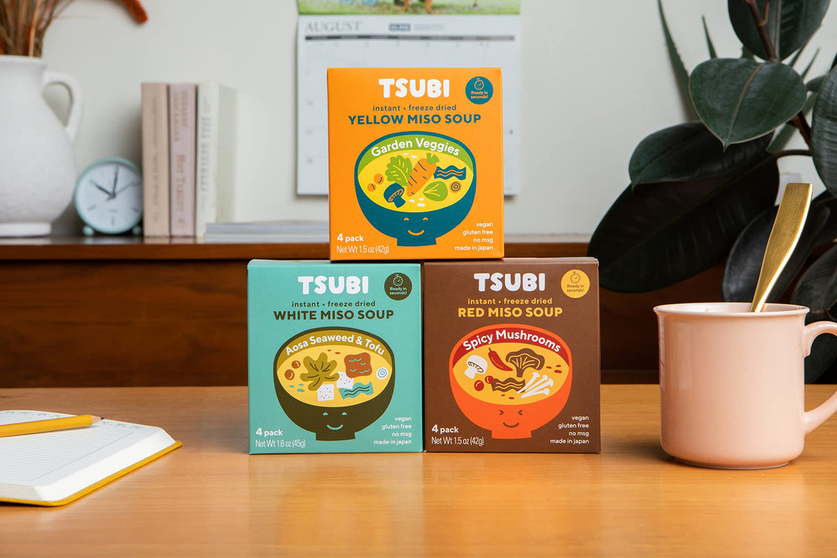Tsubi Soup trio flavors pack offers vegan, gluten-free miso variety for meals on the go.