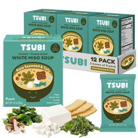 Tsubi Soup white miso packets showcased, ready in seconds for quick comfort.