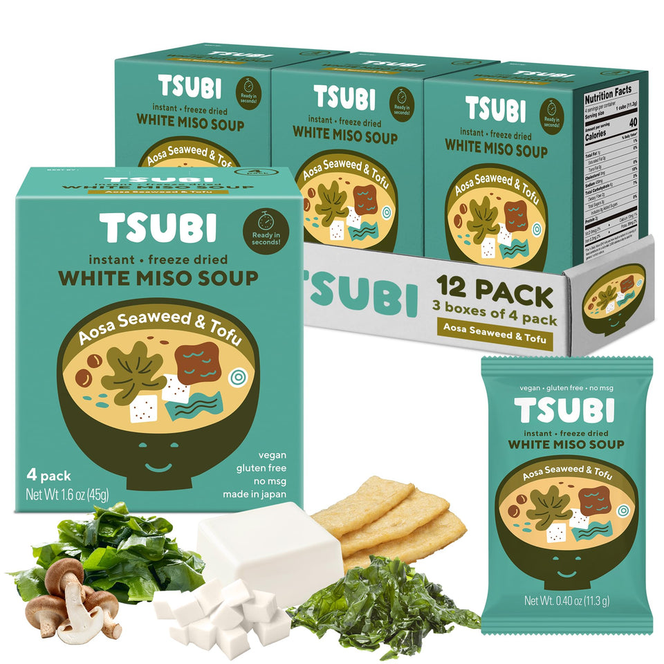 Tsubi Soup white miso packets showcased, ready in seconds for quick comfort.