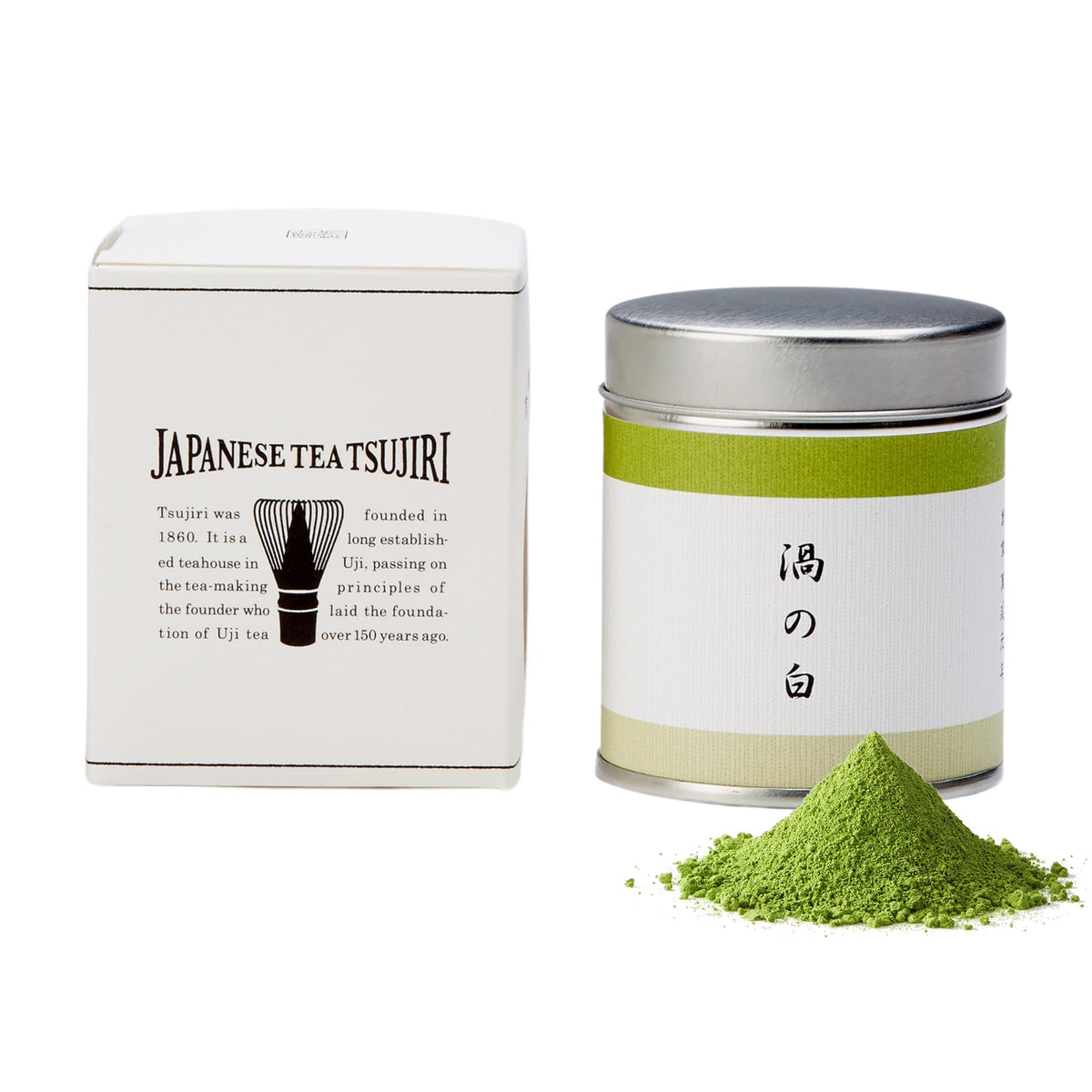 TSUJIRI Matcha Uzu no Shiro powder tin for ceremonial whisking at home.