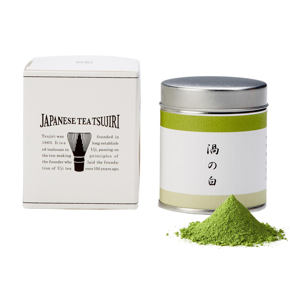 TSUJIRI Matcha Uzu no Shiro powder tin for ceremonial whisking at home.