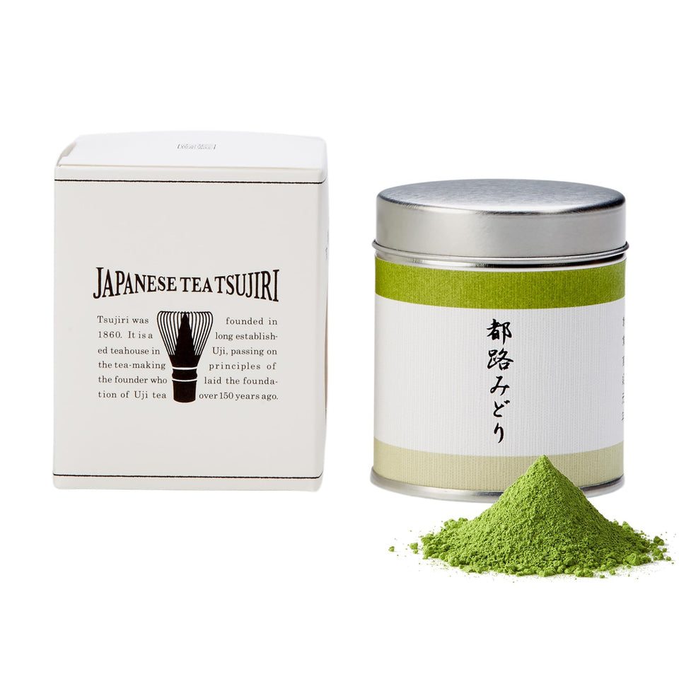 TSUJIRI Tsuji Midori ceremonial matcha powder in a resealable tin for premium brewing.