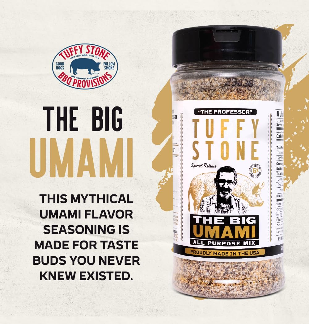 Brand packaging for The Big Umami seasoning highlights gluten-free, USA-made quality for home cooking.