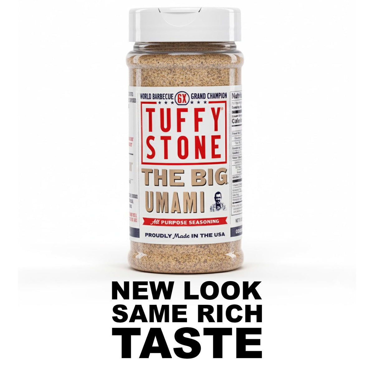 Tuffy Stone The Big Umami seasoning shaker close-up reveals a bold all-purpose flavor boost.