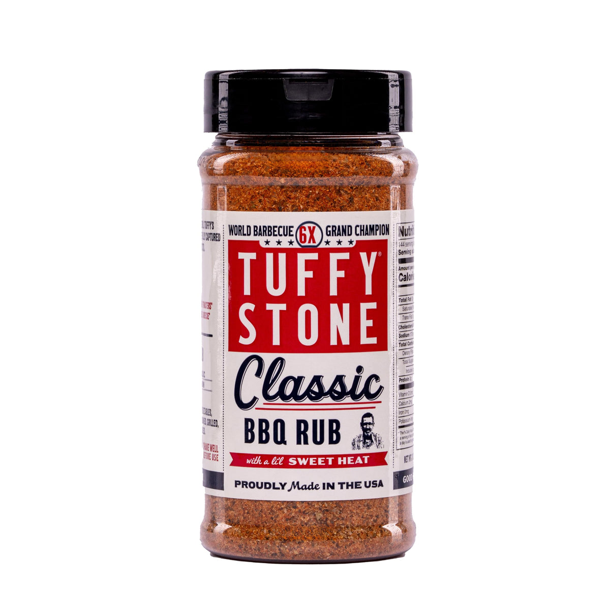 Tuffy Stone Classic BBQ Rub bottle ready for rich, balanced flavor on grilled meats