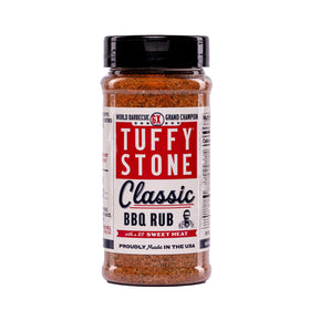 Tuffy Stone Classic BBQ Rub bottle ready for rich, balanced flavor on grilled meats