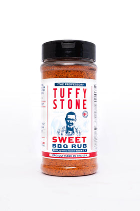 Tuffy Stone Sweet BBQ Rub on meat-on-grill highlights crust and savory aroma