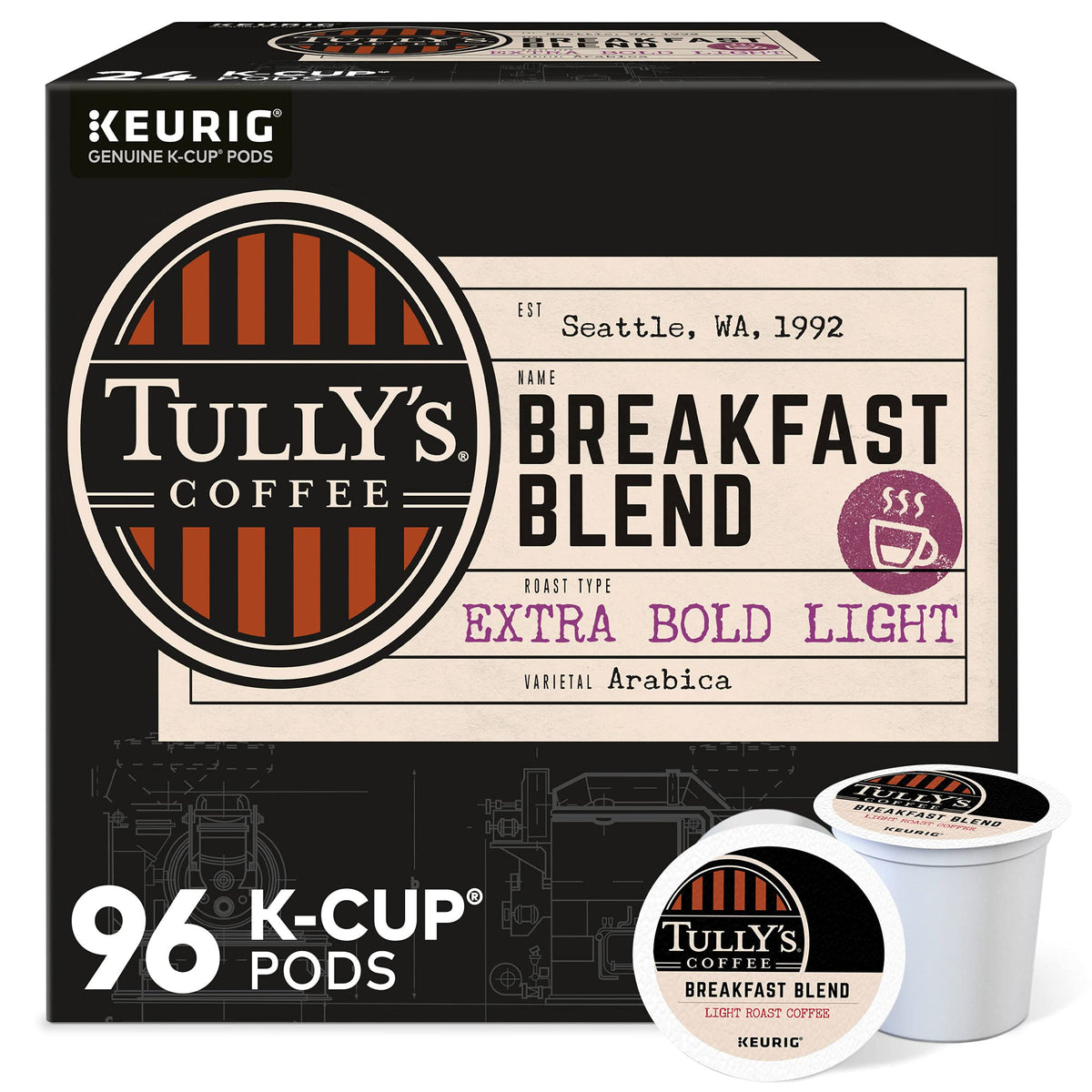 Tully's Breakfast Blend K-Cup pods for a bright morning boost.