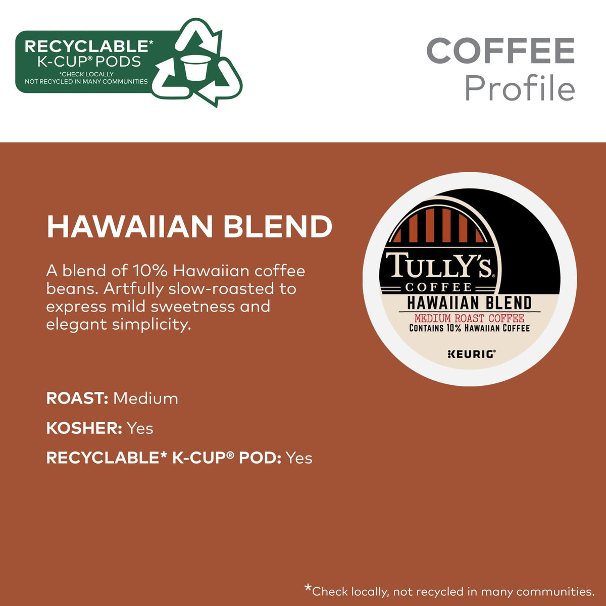 Brew in a mug shows the medium roast and clean finish of Tully's Hawaiian Blend.