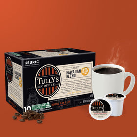 Morning routine with a hot cup of Tully's Hawaiian Blend.
