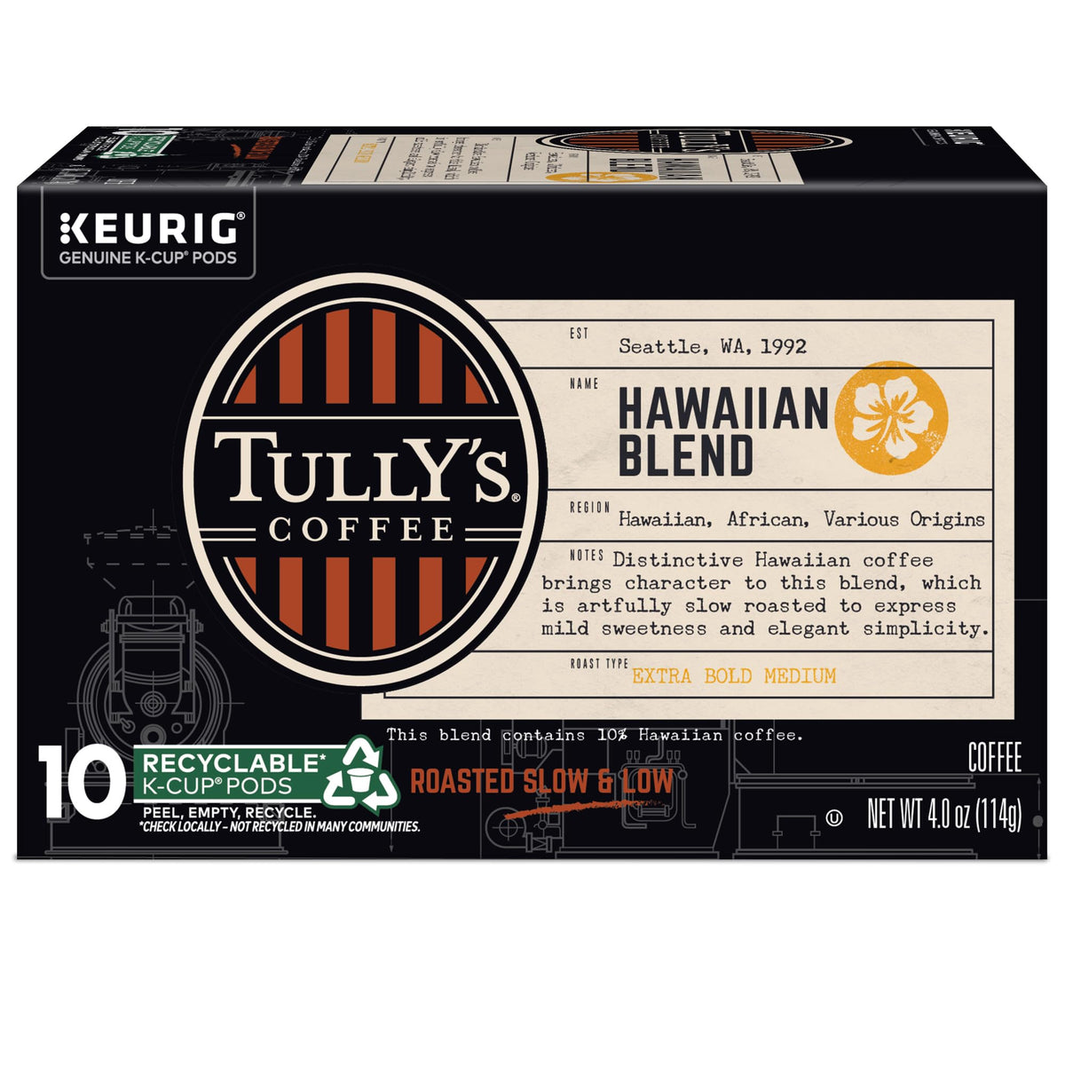 Tully's Hawaiian Blend packaging and a ready cup on the counter.