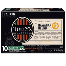 Tully's Hawaiian Blend packaging and a ready cup on the counter.